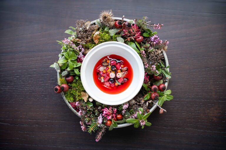 Alpine dessert infused with seasonal mountain fresh berries, candied fruits, and alpine flower syrups